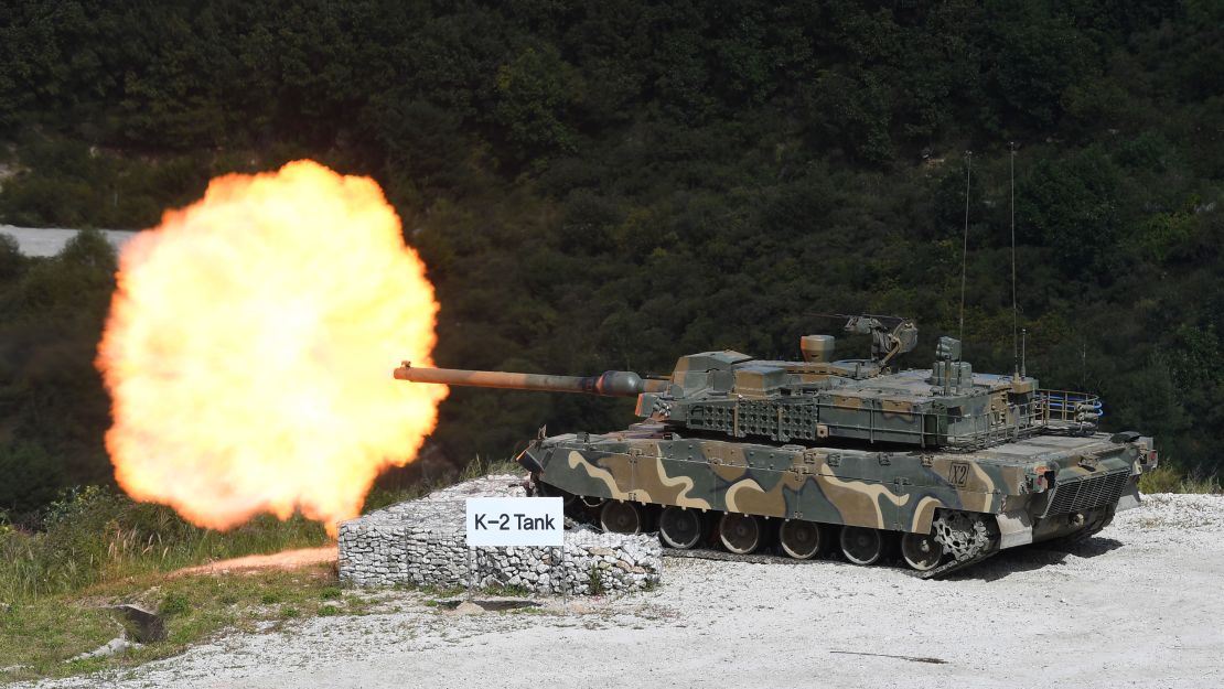 A South Korean K2 tank fires during a live fire demonstration at the Defense Expo Korea 2018 in Pocheon, South Korea. 