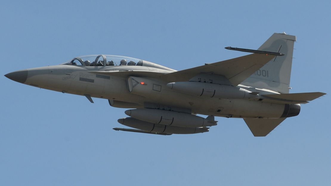 A South Korean-made FA-50 multirole light fighter aircraft of the Philippine Air Force performs a fly-past during a ceremony prior to landing at the Clark Air Base in Angeles City on November 28, 2015. 