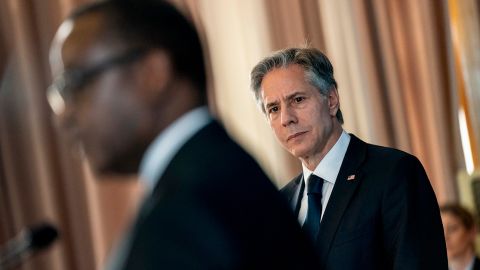 US Secretary of State Antony Blinken listens as Rwanda's Minister of Foreign Affairs Vincent Biruta speaks during a news conference in Kigali, Rwanda on August 11.
