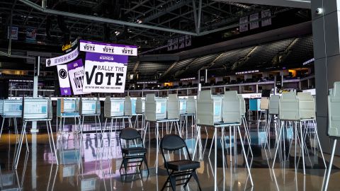 An overall view of the Golden 1 Center set up for polling as part of Rally the Vote on October 22, 2020 in Sacramento, California. 