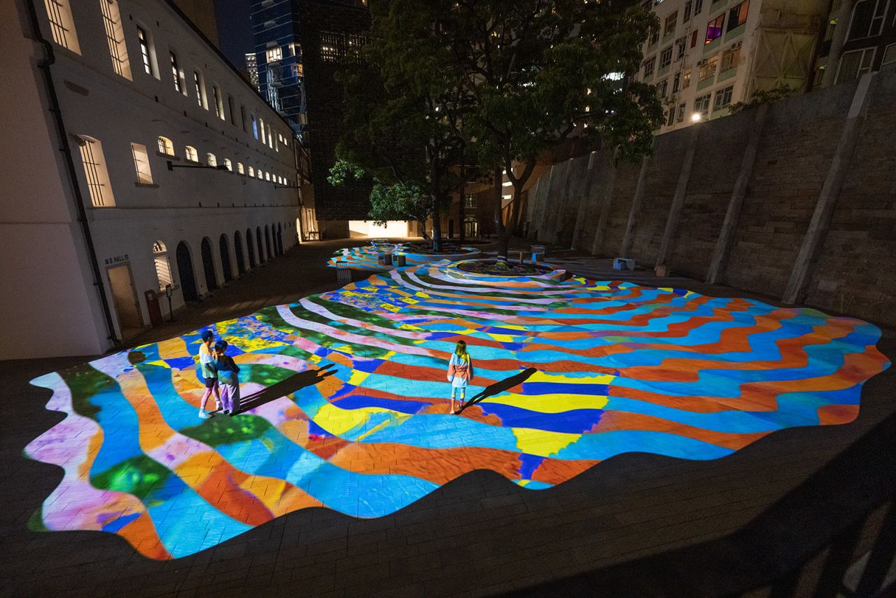 "Water Tiger Colour Balm" (2022) is an outdoor video installation, created for the space outside the JC Contemporary Gallery in Tai Kwun, Hong Kong.