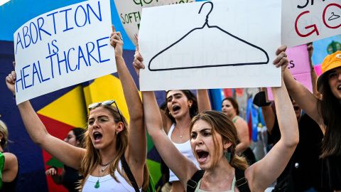 Abortion rights activists hold signs reading "Abortion is Healthcare" as they rally in Miami, Florida, after the overturning of Roe Vs. Wade by the Supreme Court on June 24, 2022. 