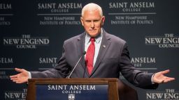 Former Vice President Mike Pence speaks at the "Politics & Eggs" breakfast at the New Hampshire Institute Politics at St. Anselm College in Manchester on August 17, 2022.