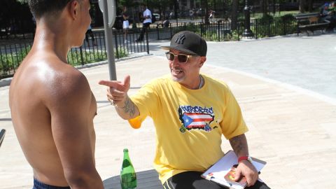 Antonio Fernandez does outreach at Maria Hernandez Park in Bushwick, Brooklyn, on July 31, 2022.