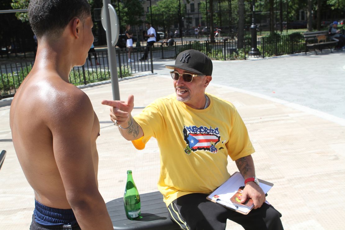Antonio Fernandez does outreach at Maria Hernandez Park in Bushwick, Brooklyn, on July 31, 2022.