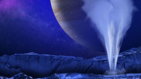 Previous missions have spied plumes of water vapor erupting through the ice shell, as depicted in this illustration.