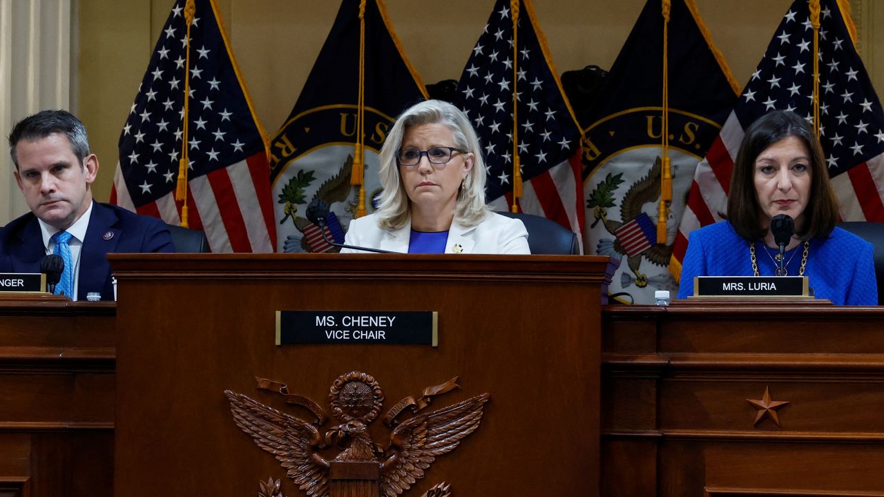 U.S. Representatives Liz Cheney (R-WY), Adam Kinzinger (R-IL) and Elaine Luria (D-VA) listen during a public hearing of the U.S. House Select Committee to investigate the January 6 Attack on the U.S. Capitol, on Capitol Hill, in Washington, U.S., July 21, 2022.