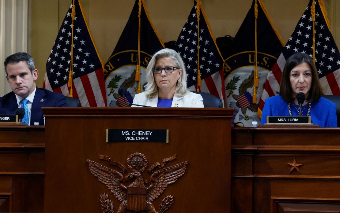 U.S. Representatives Liz Cheney (R-WY), Adam Kinzinger (R-IL) and Elaine Luria (D-VA) listen during a public hearing of the U.S. House Select Committee to investigate the January 6 Attack on the U.S. Capitol, on Capitol Hill, in Washington, U.S., July 21, 2022. 