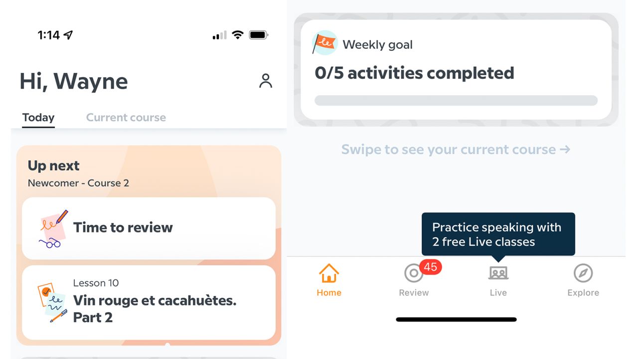 With Babbel, you can choose the type of practice you wish to do, such as reviews of what you've already learned or tackling new material.