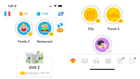 Super Duolingo's menu lets you choose from a number of scenarios so you can practice what interests you at the moment.