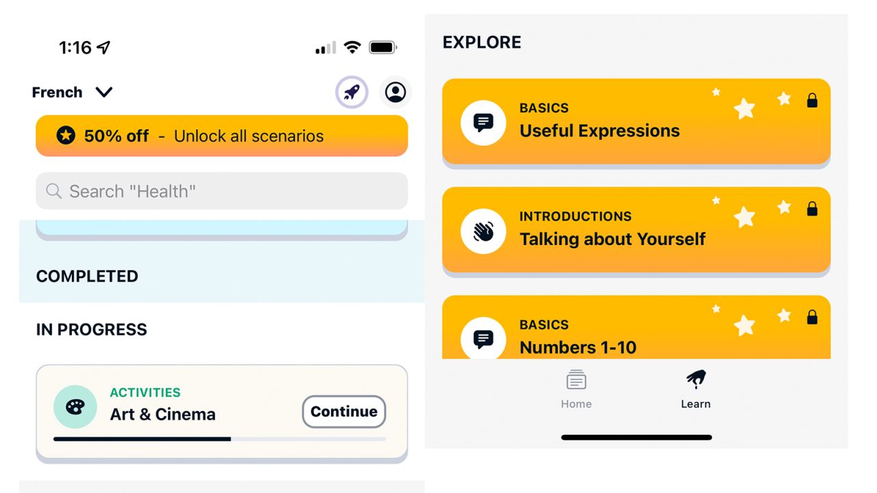 You can choose from a variety of learning scenarios with Memrise, but only some of them are included in its basic program. All of the lessons in yellow cost extra.