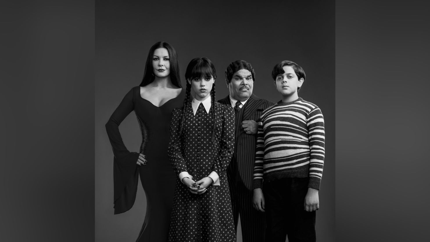 Catherine Zeta-Jones, Luis Guzmán, Jenna Ortega, and Isaac Ordonez in "Wednesday"