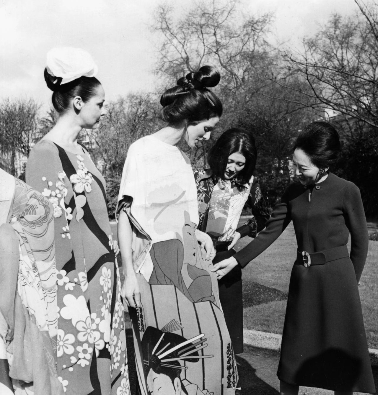 Hanae Mori (second from right) presents some of her creations during a private fashion show at the Japanese Embassy in London in 1972.