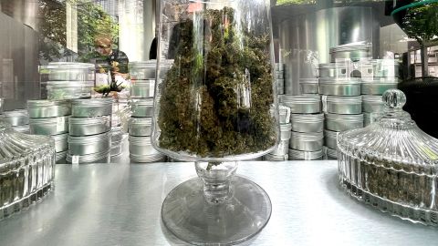 A jar with cannabis is seen in a dispensary shop in Bangkok, Thailand  August 17, 2022. 