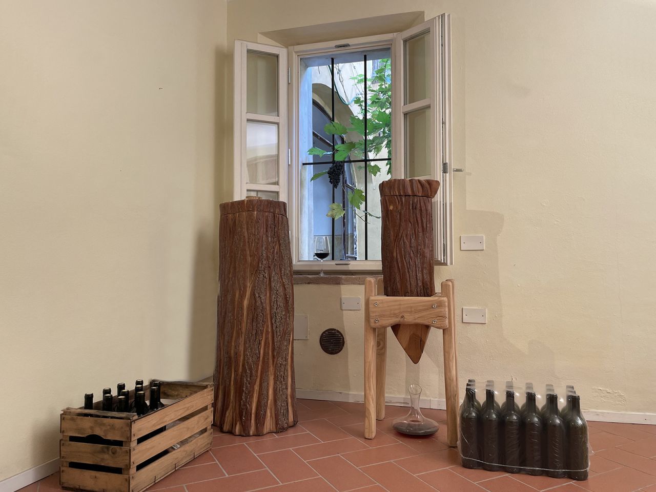 The oak barrels are sculptures made by a local artist.
