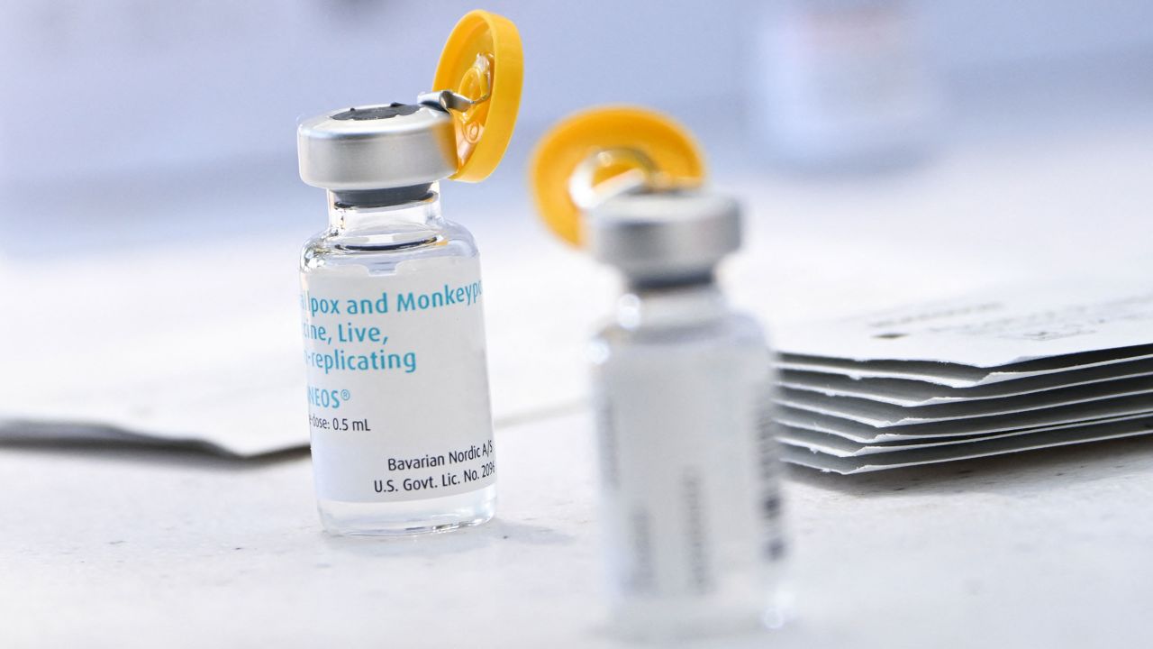 Vials of the Jynneos monkeypox vaccine are prepared at a pop-up vaccination clinic in Los Angeles on August 9, 2022. 