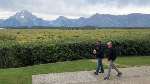 Fed chair Jerome Powell and New York Federal Reserve President John Williams take a walk before the last in-person Jackson Hole  economic summit, which was held in 2019. 