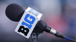 A detail look of a Big Ten microphone during the 2022 Big Ten Conference Football Media Days at Lucas Oil Stadium on July 26, 2022 in Indianapolis, Indiana. 
