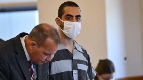 Hadi Matar, center, appears in court Thursday in New York's Chautauqua County.
