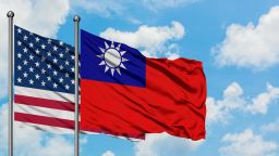 United States and Taiwan flag waving in the wind against white cloudy blue sky together. Diplomacy concept, international relations.