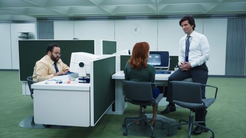 The central desk apparatus in the MDR office connects all four workers' desks. From left: Zach Cherry, Britt Lower and Adam Scott.