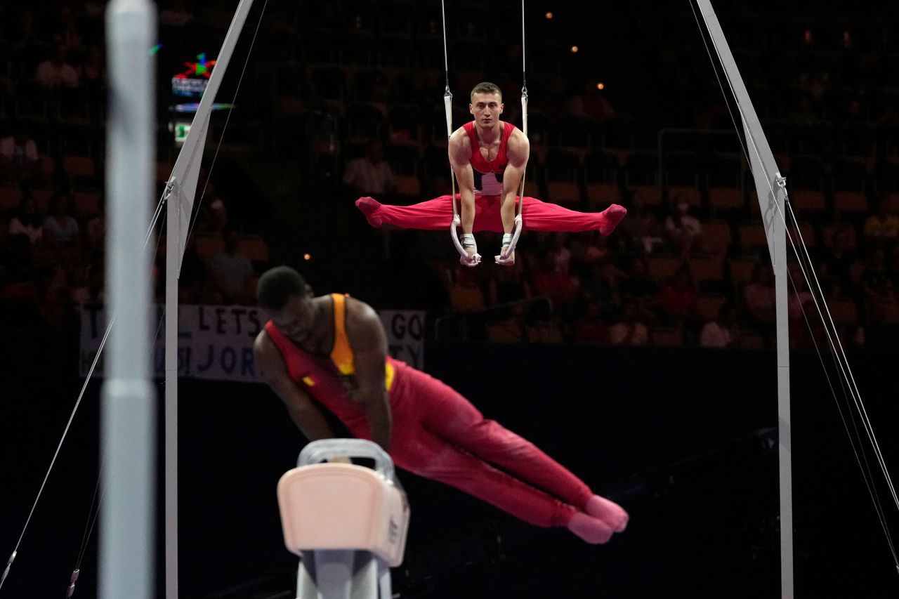 Athletes perform during the European Gymnastics Championships in Munich, Germany, on Thursday, August 18.