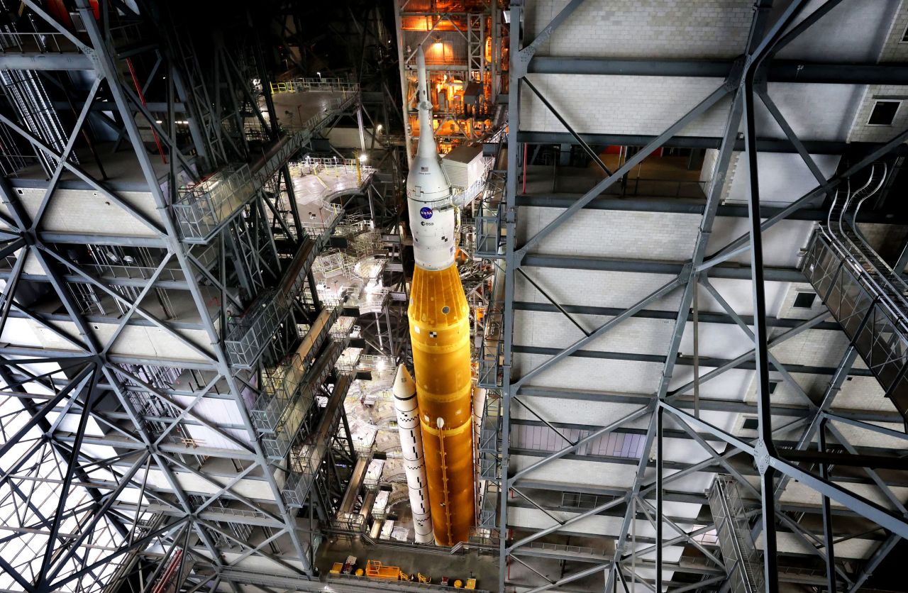 <a href="https://www.cnn.com/2022/08/17/world/nasa-artemis-i-launch-scn/index.html" target="_blank">The Artemis 1 mega moon rocket</a> is seen shortly before its rollout to the launch pad at NASA's Kennedy Space Center in Florida on Tuesday, August 16. Artemis 1 is scheduled to launch an unmanned mission to orbit the moon on August 29.