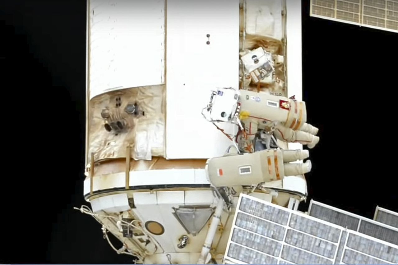 In this photo taken from video footage released by Roscosmos Space Agency, cosmonauts Oleg Artemyev and Denis Matveev take part in a spacewalk outside the International Space Station on Wednesday, August 17. <a href="https://www.cnn.com/2022/08/17/tech/russian-spacewalk-spacesuit-issue-scn/index.html" target="_blank">The spacewalk was cut short</a> due to an issue with Artemyev's spacesuit. NASA officials said during a livestream that the cosmonaut was never in any danger. Still, issues with the battery pack that powers his spacesuit were concerning enough for flight controllers to urgently order him to return to the space station and attach his suit to ISS power.