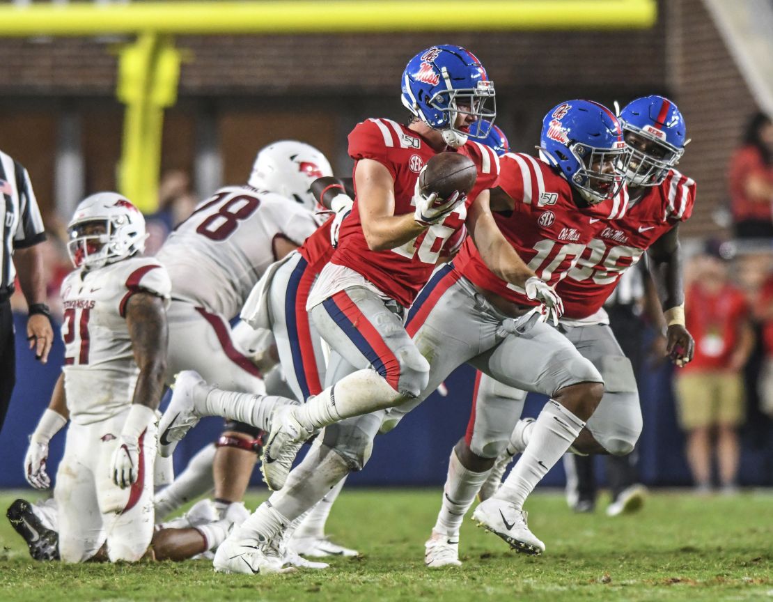 Luke Knox celebrates a fumble recovery while playing for Ole Miss during an NCAA college football game on September 7, 2019.