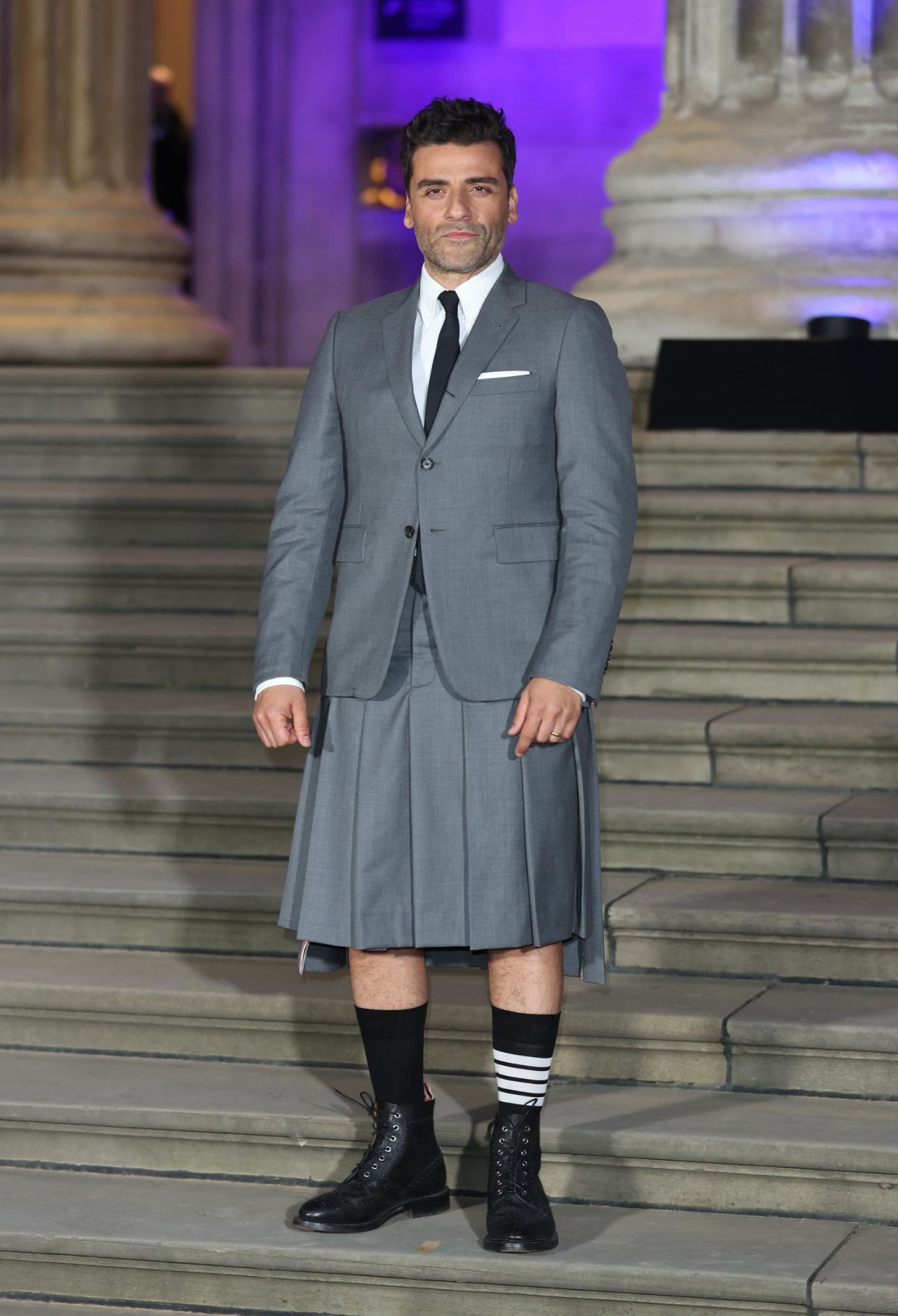 Oscar Isaac wearing a skirt by US designer Thom Browne that has become something of a celebrity favorite. 