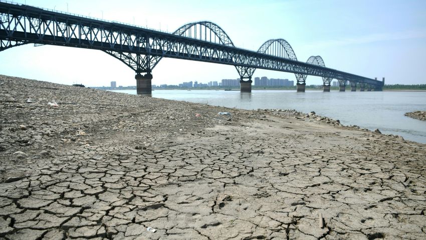 A section of a parched river bed is seen along the Yangtze River in Jiujiang in China's central Jiangxi province on August 19, 2022.