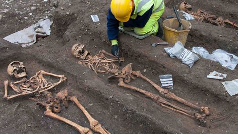 Archaeologists from the Cambridge Archaeological Unit excavate the remains of friars buried in the grounds of the former Augustinian friary in central Cambridge.