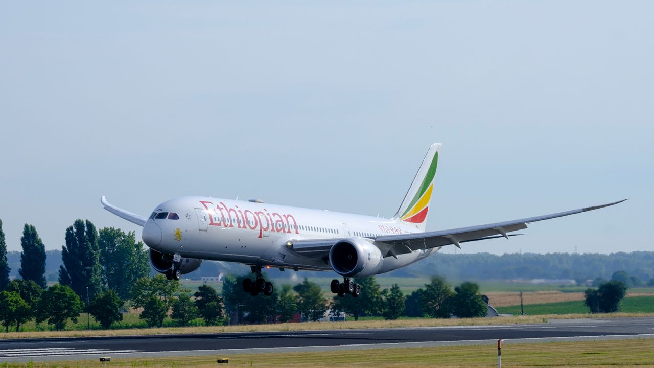 BRUSSELS-AIRPORT, BELGIUM - JULY 29: A Boeing 787-9 Dreamliner (ET-AUO) from Ethiopian Airlines is landing in Brussels Airport on July 29, 2022 in Zaventem, Belgium. Ethiopian Airlines is the national airline of Ethiopia, founded in 1945 and 100% controlled by the Ethiopian state. The Boeing Company is an American aircraft and aerospace manufacturer headquartered in Chicago, Illinois. Brussels-National airport is mainly used for international flights to Europe, Africa, Asia, America or even the Middle East. 