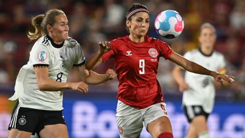 Nadim controls the ball against Germany during Denmark's Euro 2022 group game last month.
