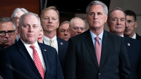 House Minority Whip Steve Scalise, R-La., and House Minority Leader Kevin McCarthy, R-Calif., listen alongside House Republicans during a news conference at the U.S. Capitol on Thursday, Jan. 20, 2022 in Washington, DC. 