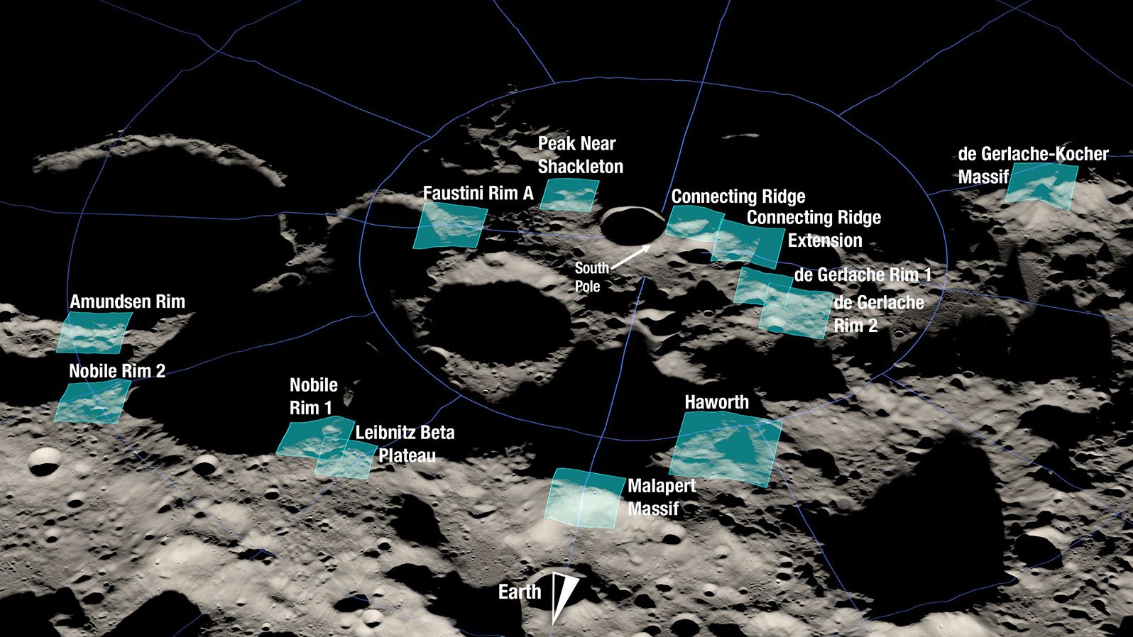 A NASA rendering shows the 13 potential landing regions for Artemis III. Each region is approximately 9.3 by 9.3 miles (15 by 15 kilometers). 