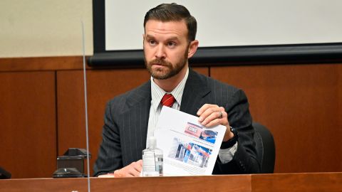 Sergeant Kyle Meany discusses documents placed into evidence during the trial of former Louisville police officer Brett Hankison on February 23, 2022, in Louisville, Kentucky.