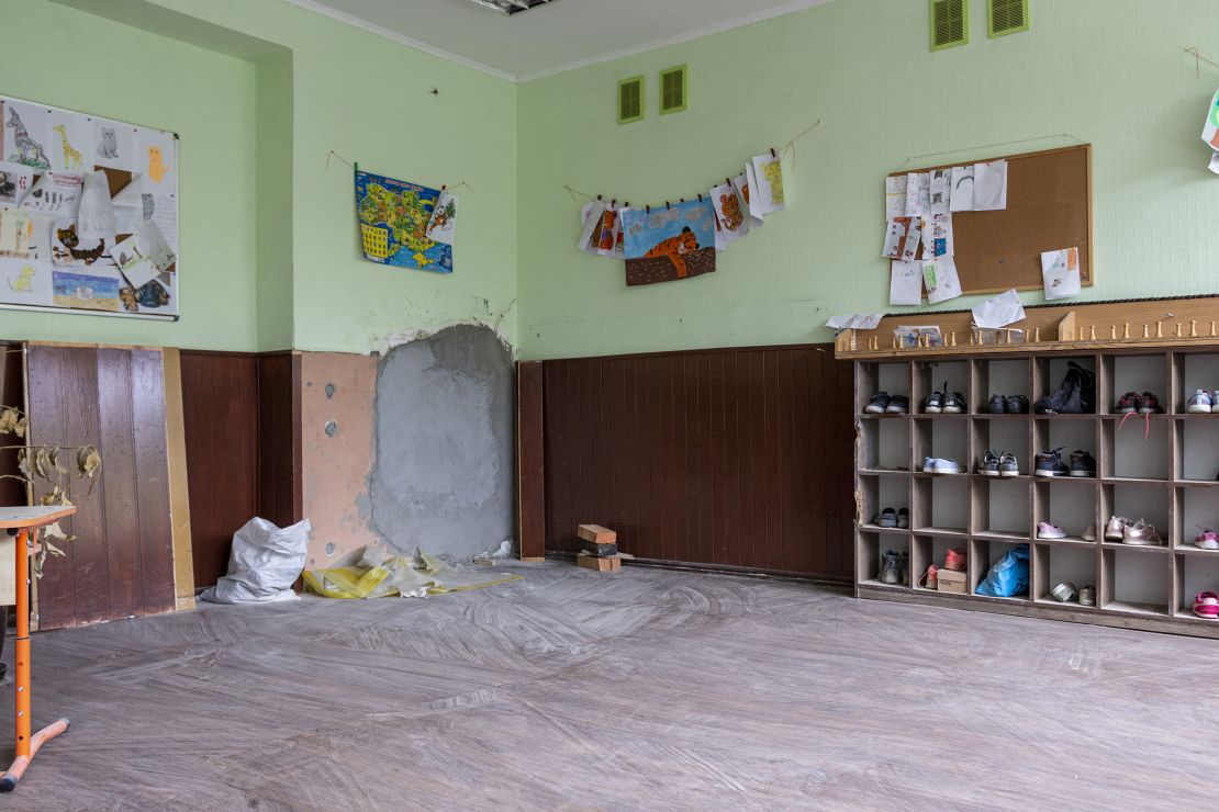 A mended wall is seen in Irpin's School Number 17 in August. 