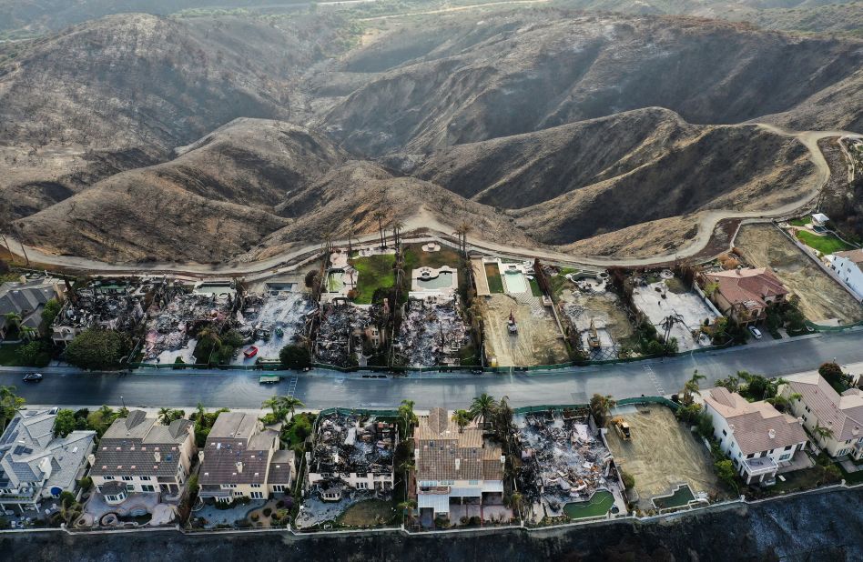 Some of the 20 hillside homes destroyed by the Coastal Fire are seen as cleanup work continues on June 17 in Laguna Niguel, California. <a href="https://www.cnn.com/2022/05/11/weather/orange-county-california-fire-evacuations/index.html" target="_blank">The May 11 brush fire</a> was fueled by windy and dry conditions amid California's severe drought, which has been compounded by climate change. Flames raced up the hill to reach the multimillion-dollar houses after the fire started below in a nearby canyon.