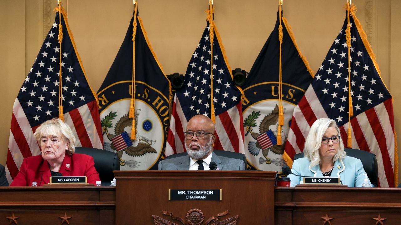 Reps. Zoe Lofgren, left, Bennie Thompson, center, and Liz Cheney listen during a hearing on the January 6 investigation on June 13, 2022 in Washington, DC. 