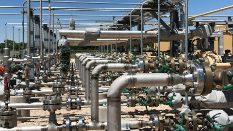 Equipment used to process carbon dioxide, crude oil and water is seen at an Occidental Petroleum Corp enhanced oil recovery project in Hobbs, New Mexico, U.S. on May 3, 2017.