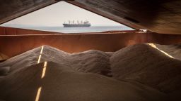 Piles of grain are seen on board the Osprey S vessel anchored in the Marmara sea during an inspection by representatives working with the joint inspection team  on August 18, 2022 in Istanbul, Turkey. The Osprey S left the Ukrainian port of Chornomorsk on the 16th of August carrying 11,500 tons of grain destined for Turkey. Under the terms of last month's Black Sea Grain Initiative, which paved the way for Ukraine to safely ship grain from three key ports, vessels must be inspected by a team of officials from Turkey, Ukraine, Russia and the United Nations.