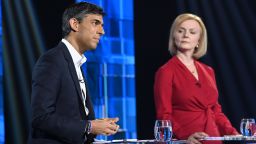 Conservative leadership candidate Rishi Sunak and Liz Truss pictured during 'Britain's Next Prime Minister: The ITV Debate', during filming at Riverside Studios in London. 
