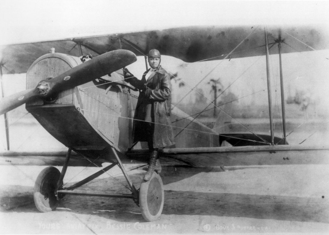 American pilot Bessie Coleman in her bi-plane, circa 1920.  