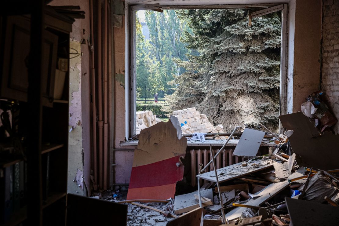 A destroyed classroom is pictured in the Ukrainian city of Kramatorsk, a city in the east that is on the frontline of the war with Russia.  