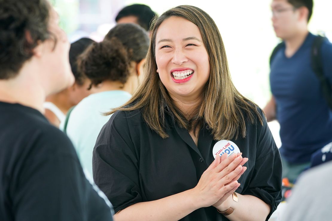 New york state Assemblywoman Yuh-Line Niou meets with supporters and volunteers before canvassing a neighborhood in Brooklyn on August 14, 2022.