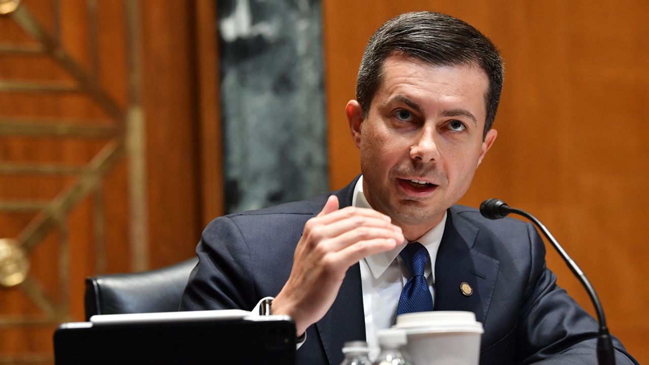 Transportation Secretary Pete Buttigieg, seen here testiyfng before the Senate in April.
