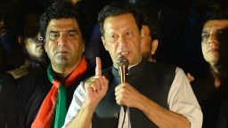 Pakistan's former Prime Minister and leader of the Pakistan Tehreek-e-Insaf party (PTI) Imran Khan, speaks during an anti-government protest rally in Islamabad on August 20, 2022. 
