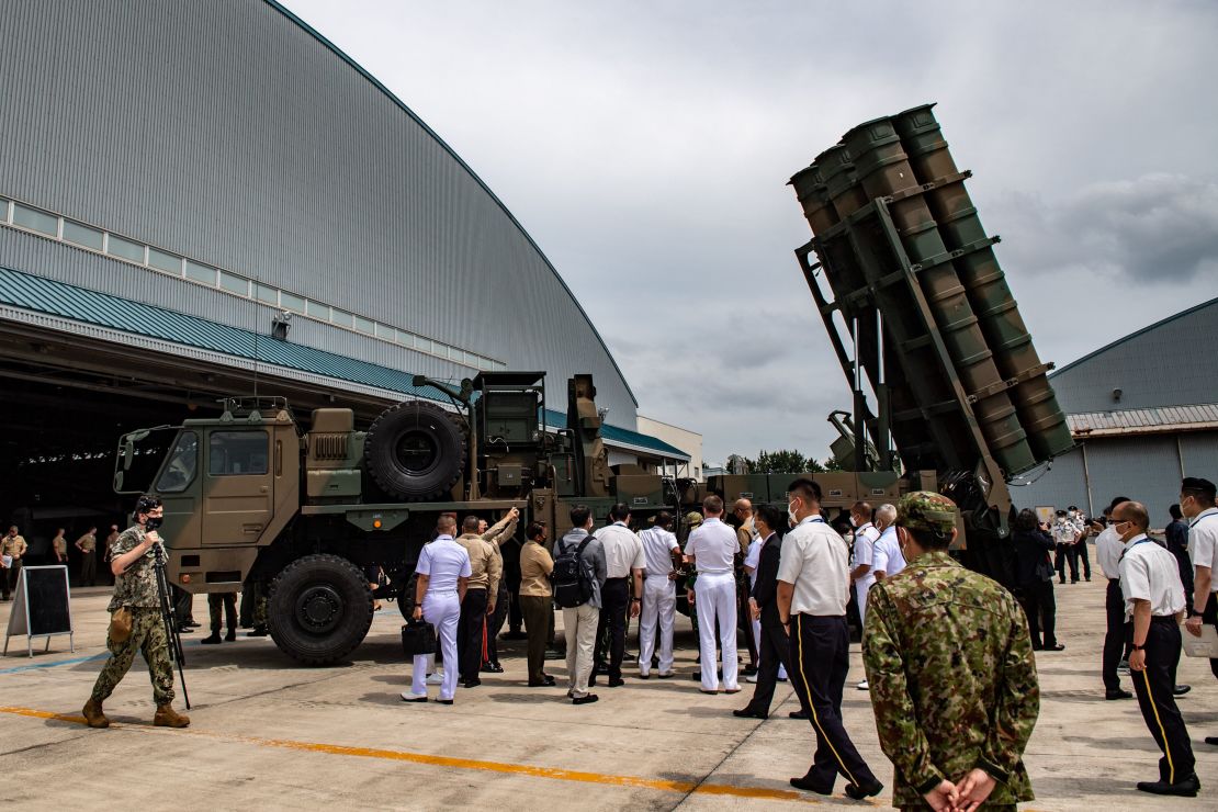 A Type 12 surface-to-ship missile launcher unit is displayed at the the Pacific Amphibious Leaders Symposium 2022 at the Japan Ground Self-Defense Force's Camp Kisarazu on June 16, 2022.