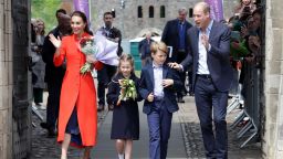 Catherine, Duchess of Cambridge, Princess Charlotte of Cambridge, Prince George of Cambridge and Prince William, Duke of Cambridge during a visit to Cardiff Castle, Wales in June.